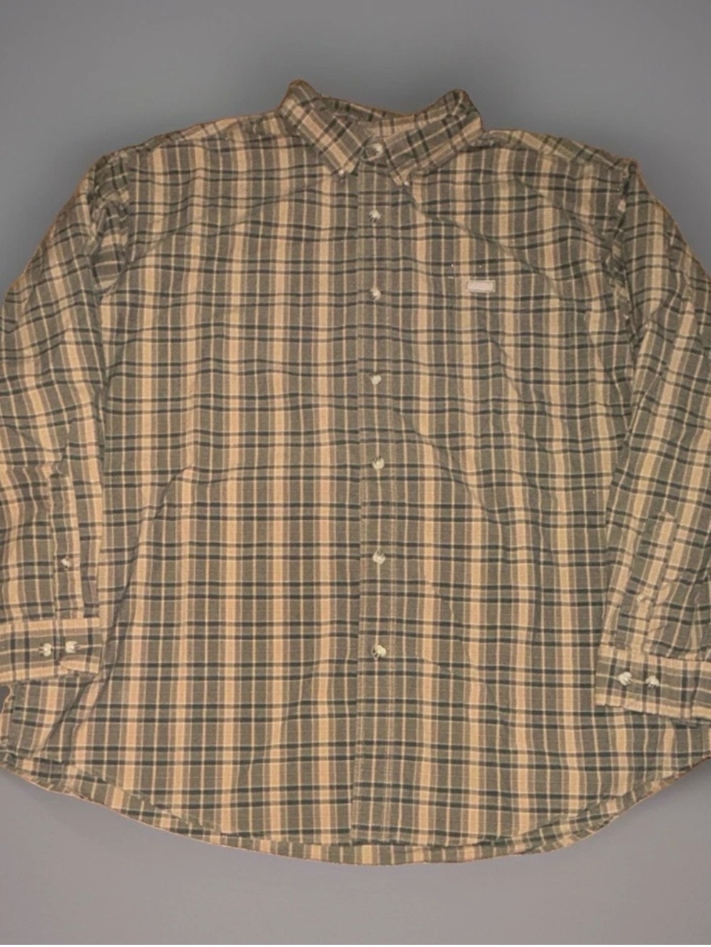 Carhartt Men's 2XL Tan Green Blue Plaid Woven Cotton Button-Down Shirt Pockets